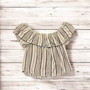Socialite Striped Off-The-Shoulder Beige and Blue Ruffle Top  Size Small Lightwe